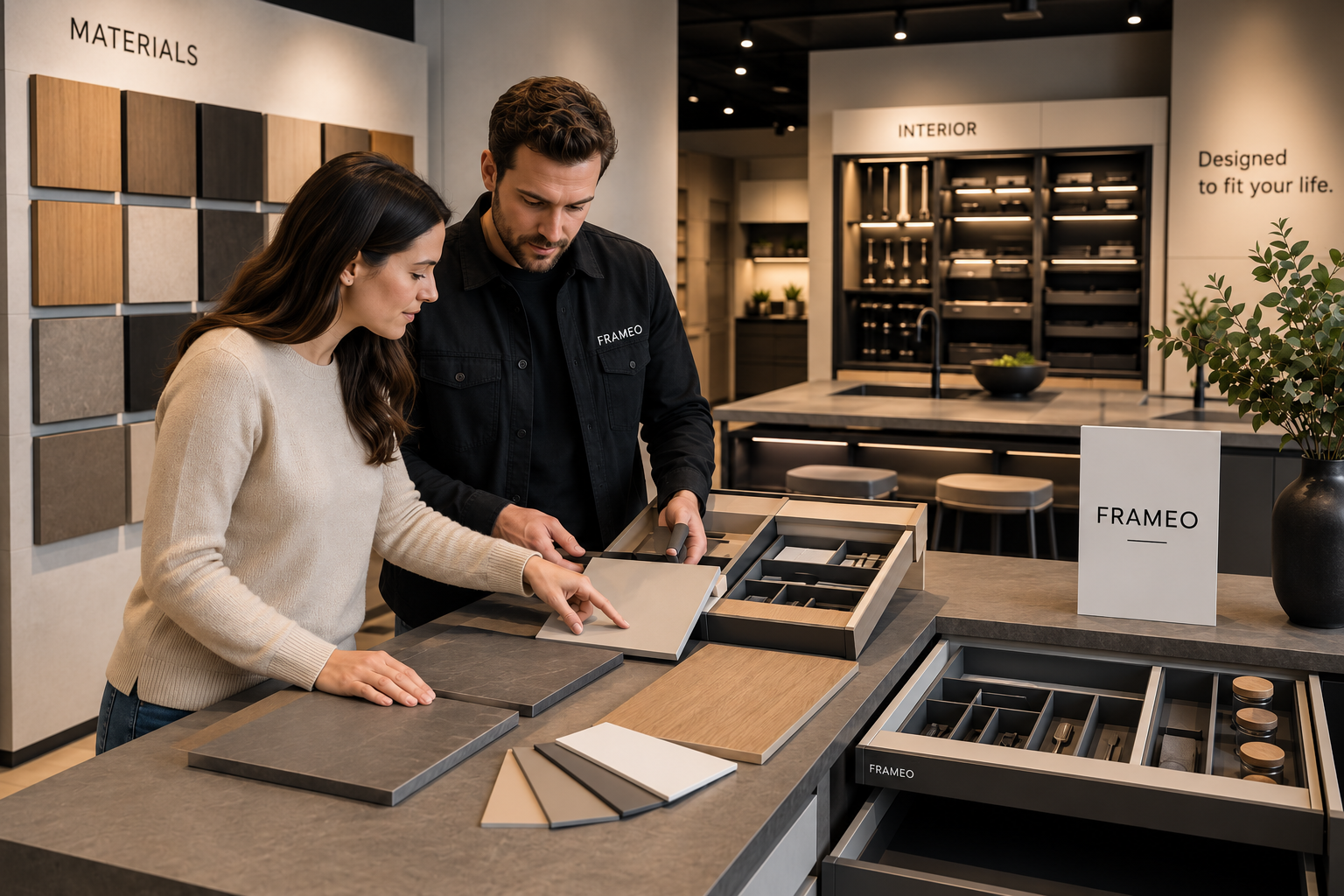 Couple exploring FRAMEO materials in a showroom