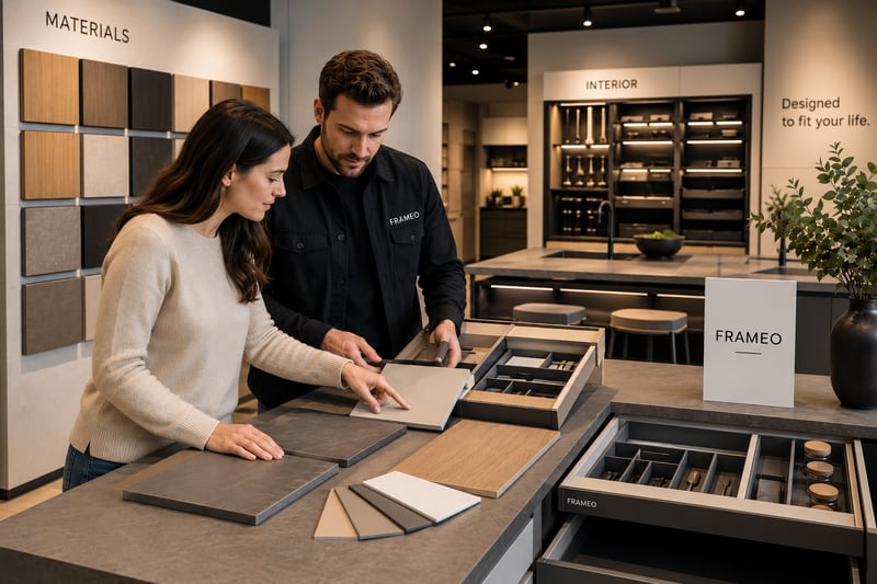 Couple exploring FRAMEO materials in a showroom