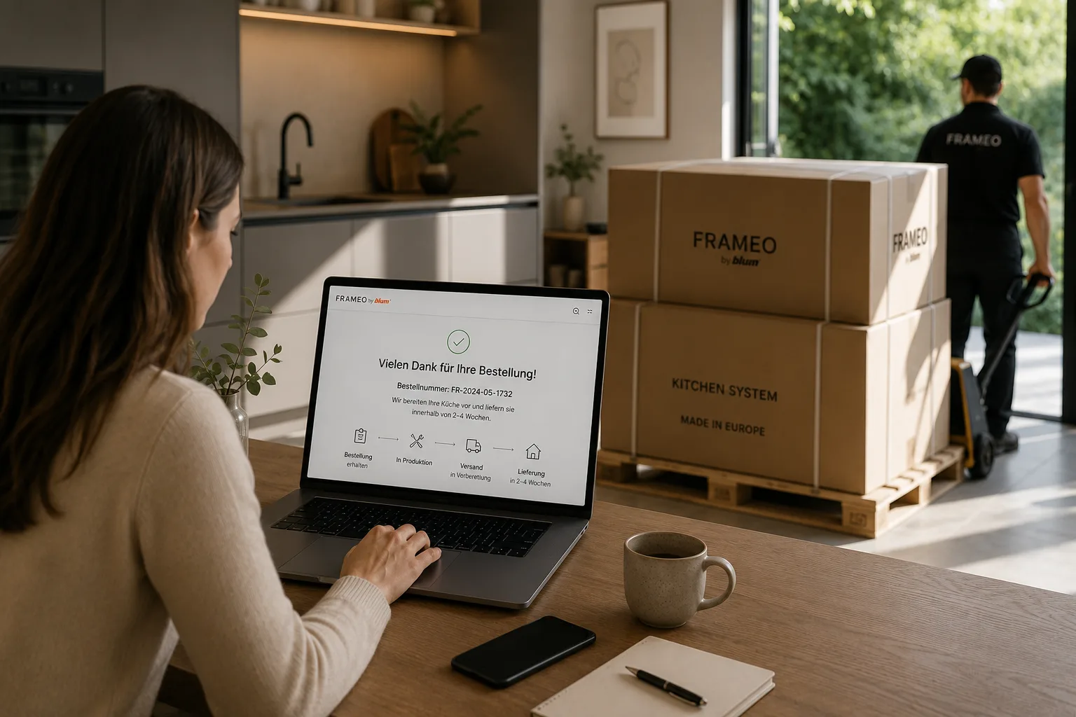 Order confirmation on a laptop with FRAMEO kitchen delivery