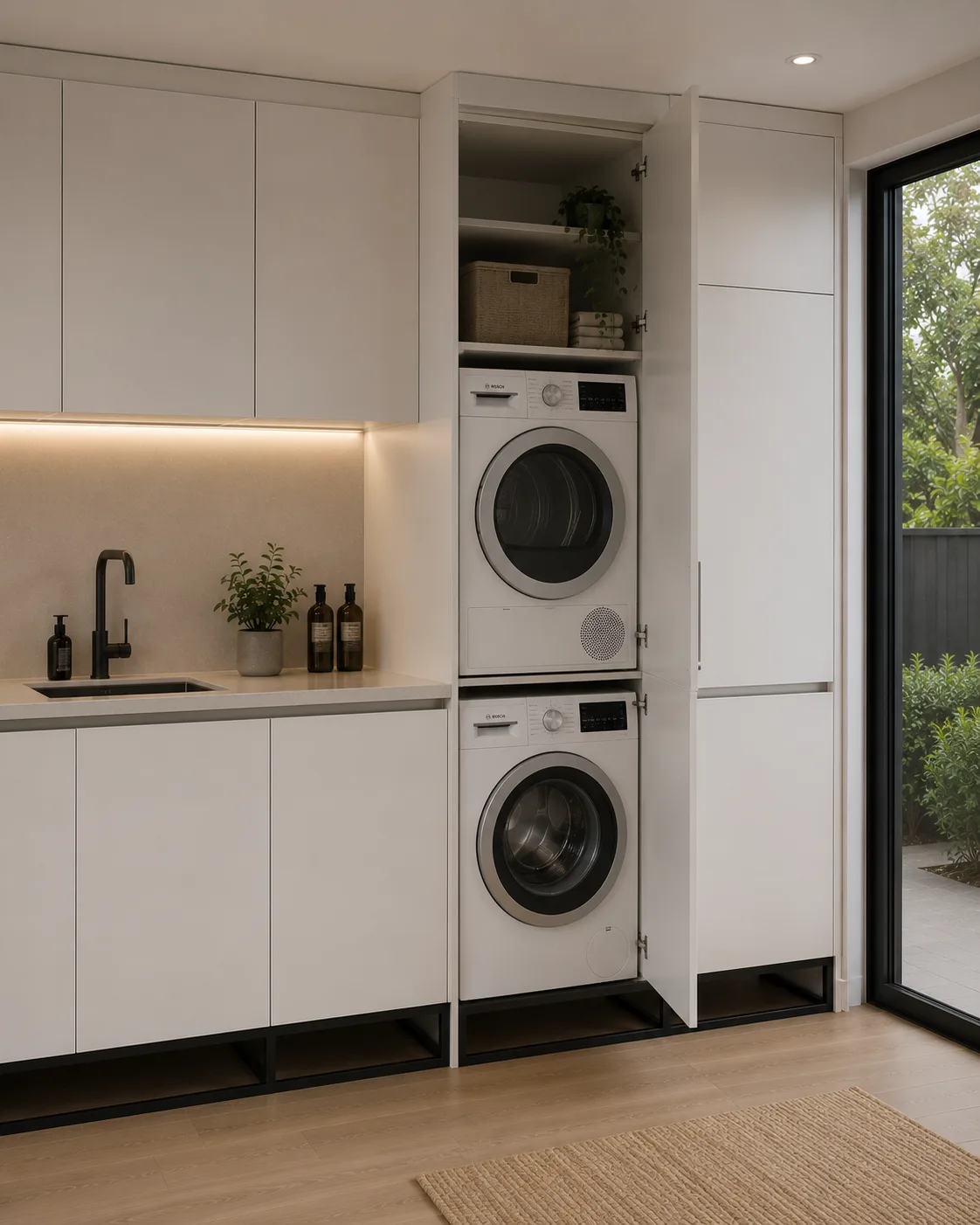 Integrated washing machine and dryer in FRAMEO cabinetry