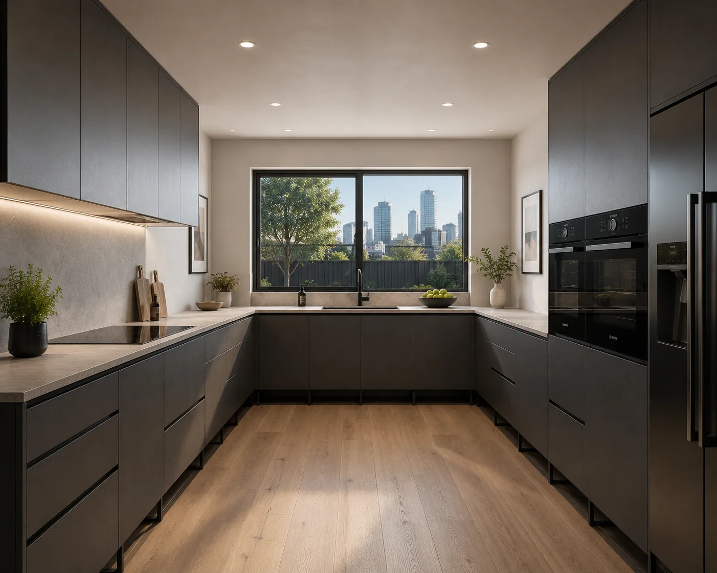 U-shaped FRAMEO kitchen with generous storage