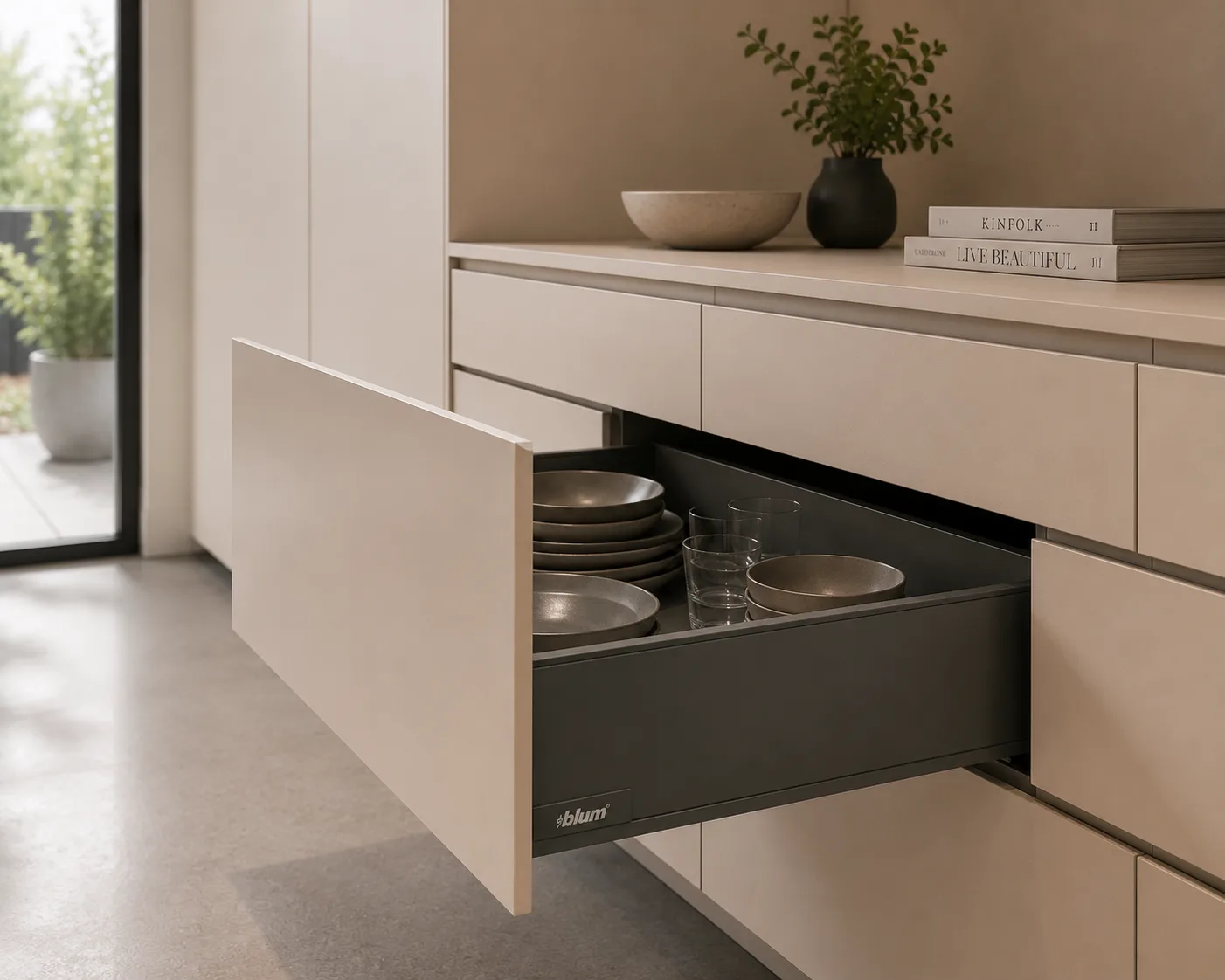 Integrated FRAMEO bedroom drawers with Blum runners