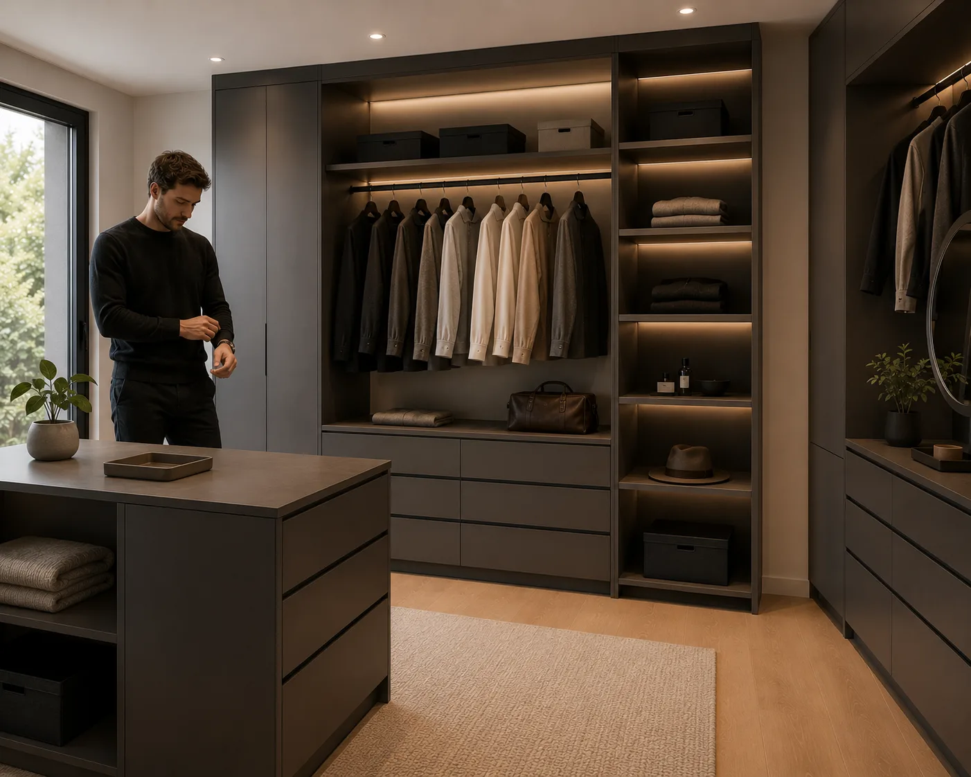 FRAMEO dressing area with open shelves