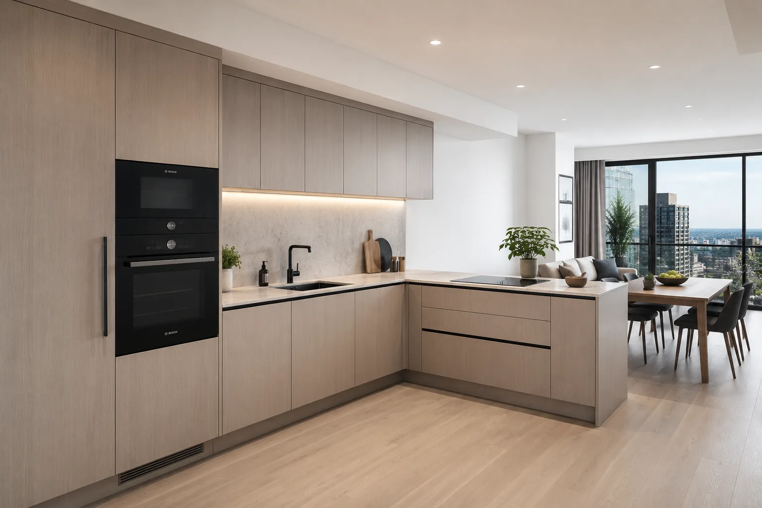 L-shaped FRAMEO kitchen with warm oak fronts