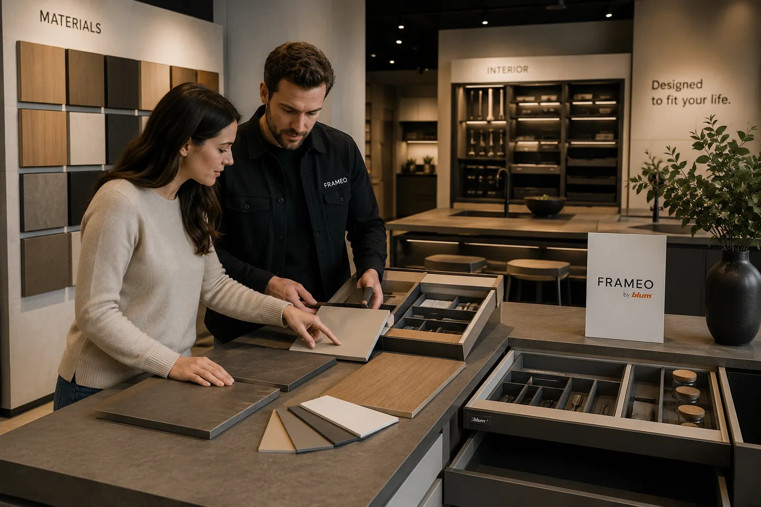 Couple exploring FRAMEO materials in a showroom