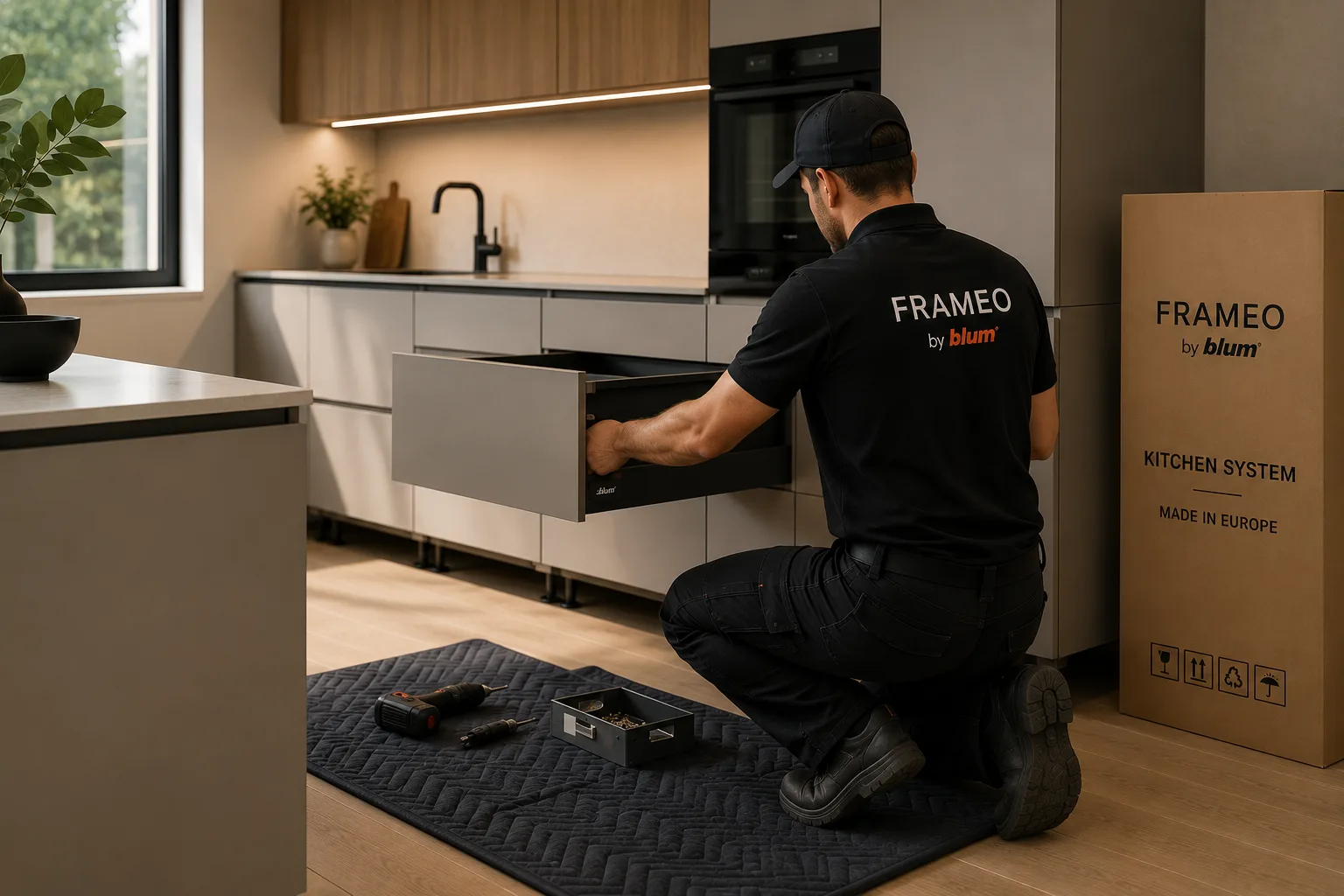 FRAMEO technician installing a kitchen cabinet