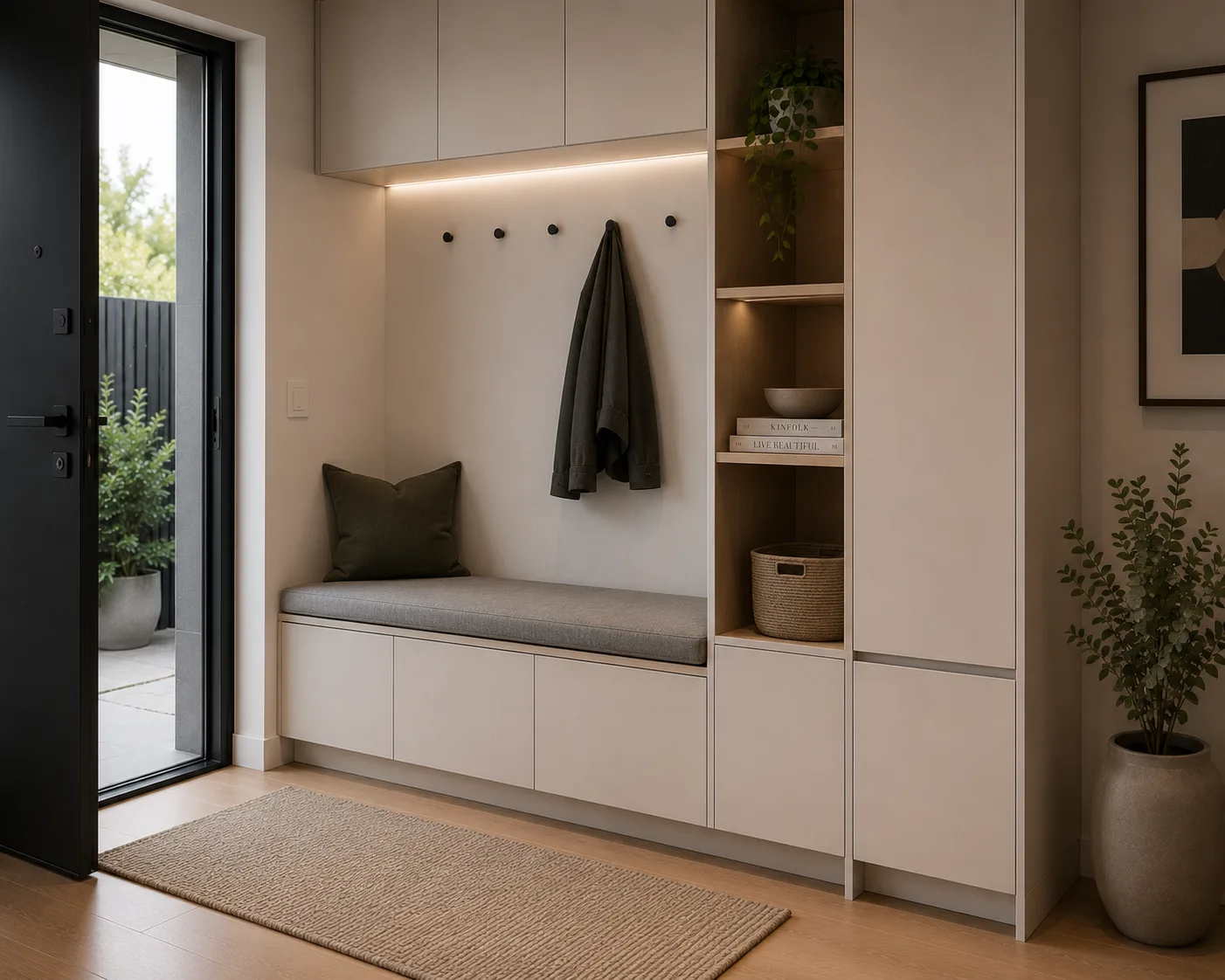 FRAMEO hallway bench with integrated storage