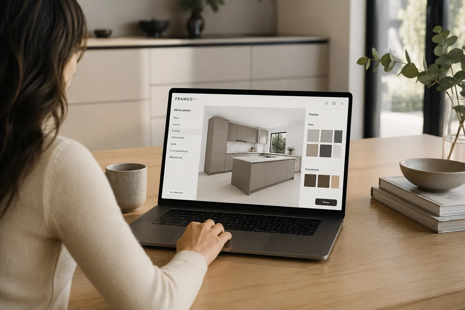 Person planning a FRAMEO kitchen online on a laptop
