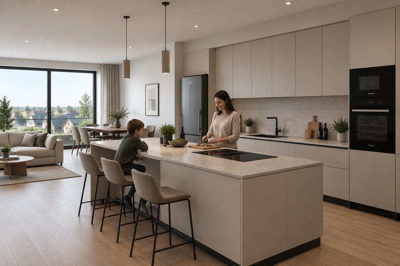 Open-plan FRAMEO kitchen with island and dining area