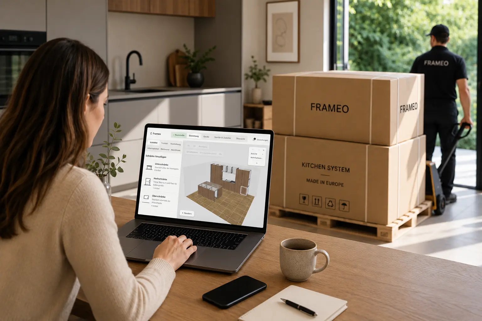 Order confirmation on a laptop with FRAMEO kitchen delivery