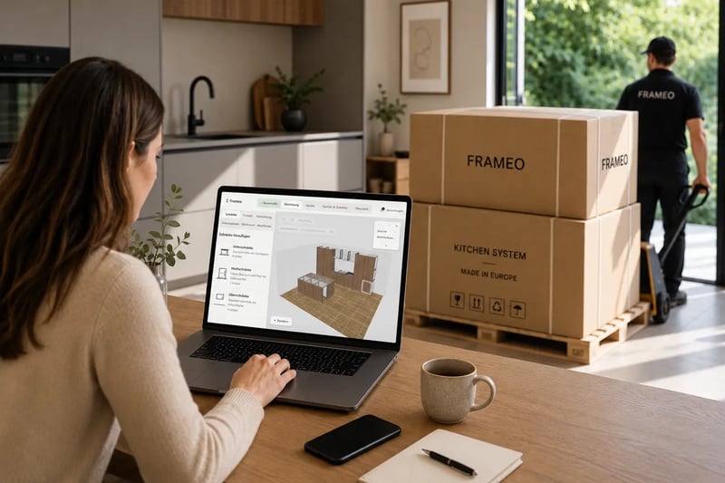 Order confirmation on a laptop with FRAMEO kitchen delivery