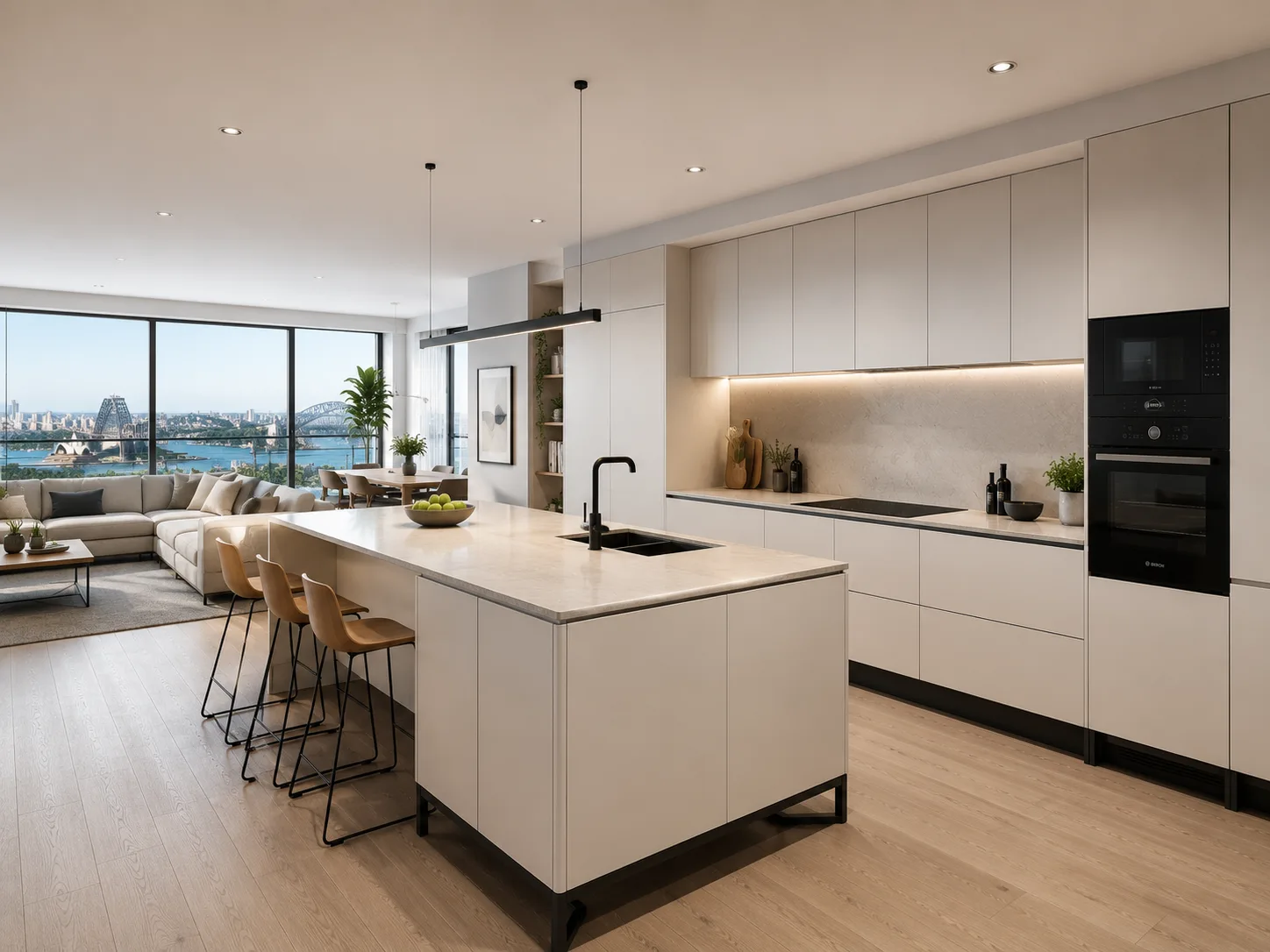 Open-plan FRAMEO kitchen with island and dining area