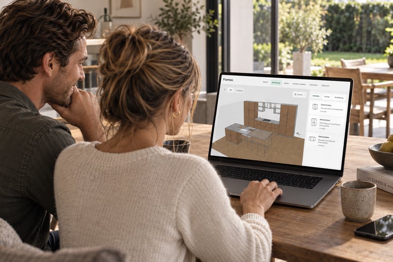 Couple exploring FRAMEO kitchen layouts online on a laptop