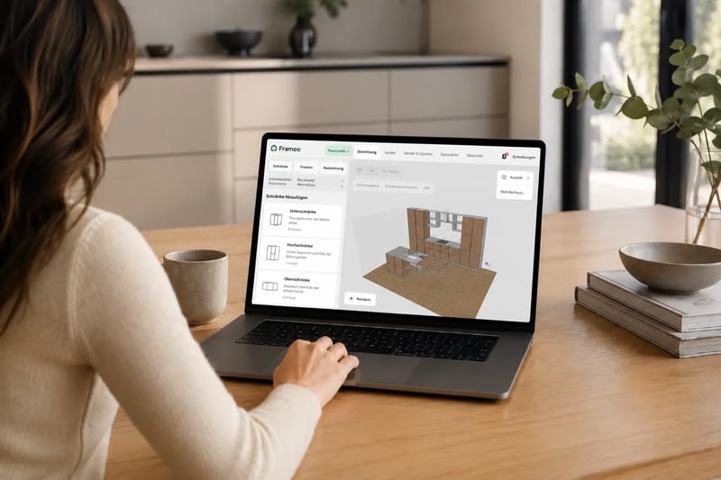 Person planning a FRAMEO kitchen online on a laptop