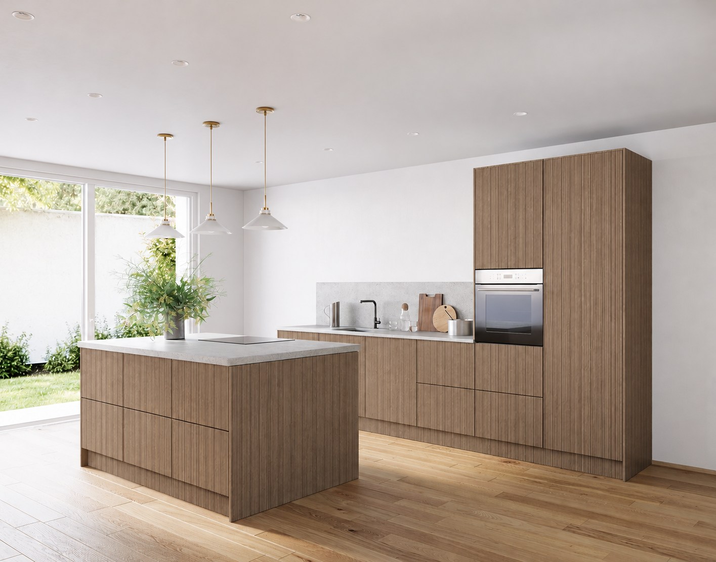 Lineo · Rillenoptik Eiche dunkel Nachbildung — Island kitchen